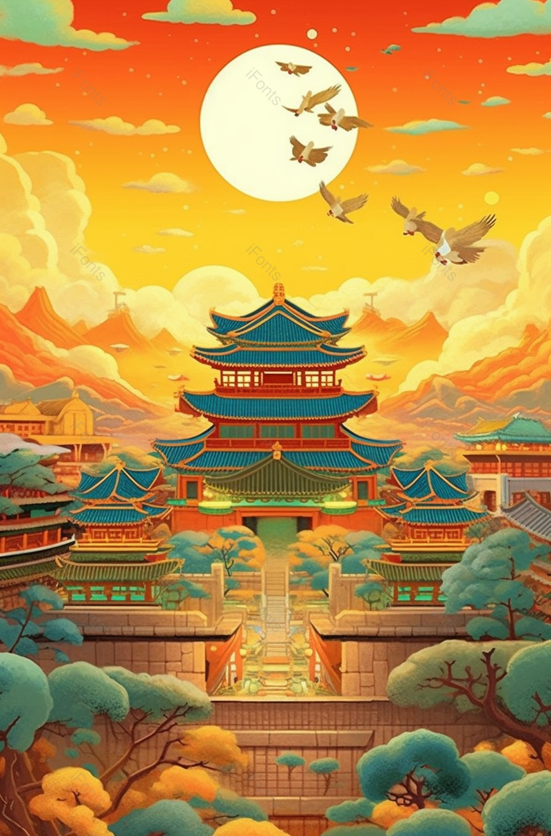 中国风国风紫禁城故宫宫殿建筑插画远处山峰背景仙鹤鸟类想着太阳飞去,插画/手绘图,插画/手绘图库,插画/手绘图下载,插画/手绘
